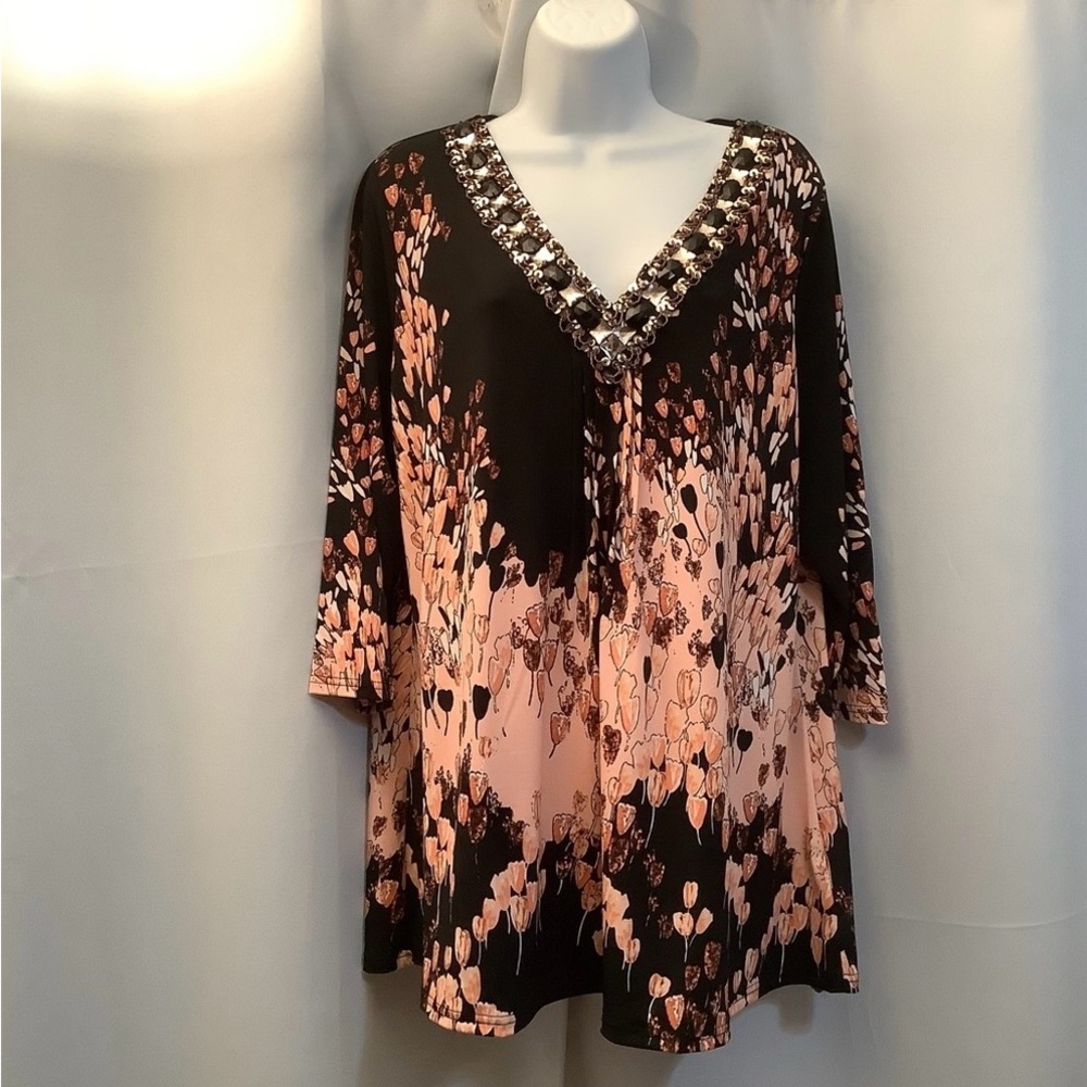 Together Tunic Women’s Size Large Beaded, Floral Loose Fit Black Peach